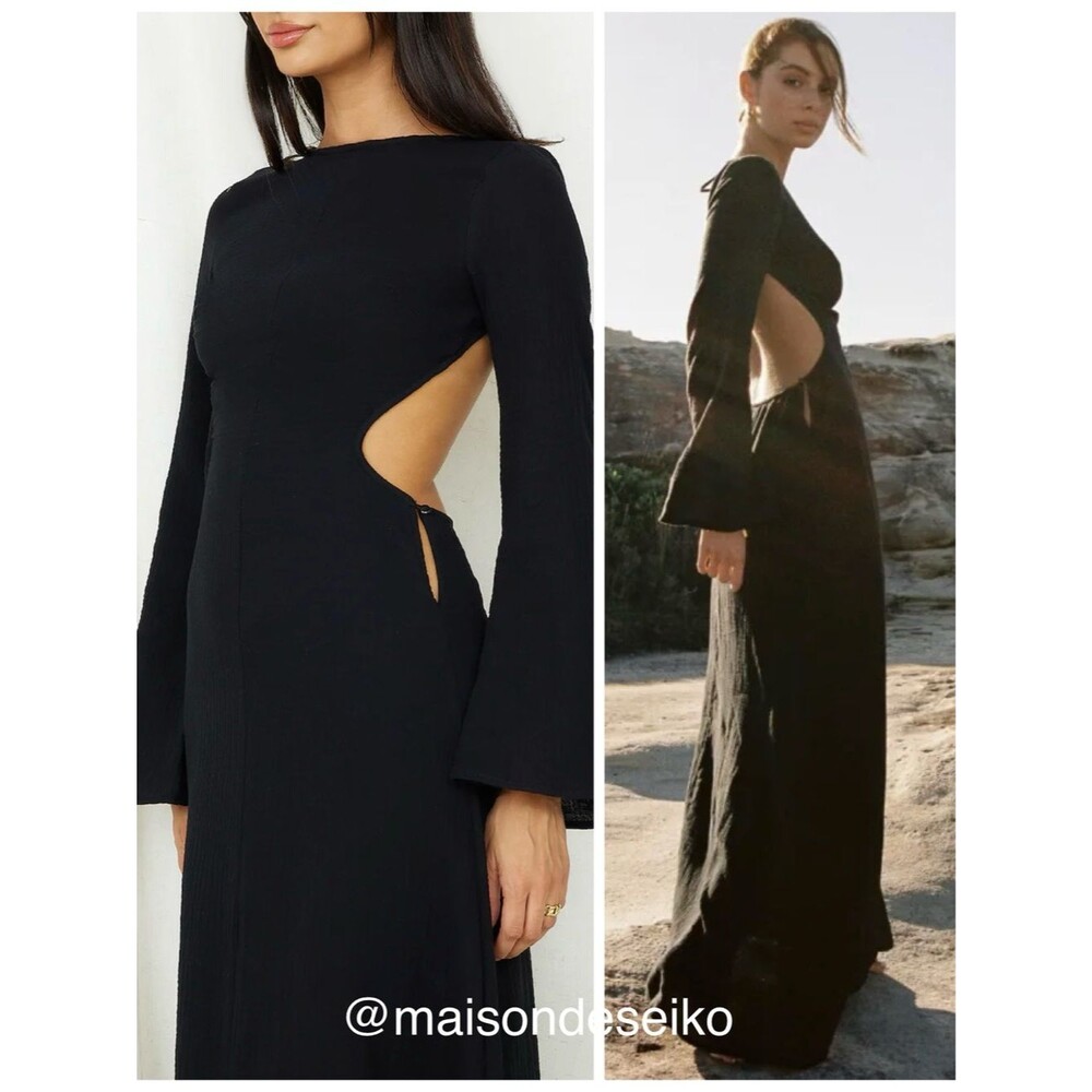 SNDYS Maxi Dress Black Gauze Dahlia Cutout Boat Neck Long Sleeve size XS